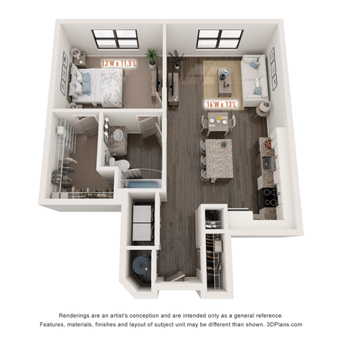 Floor plan for 1 bed, 1 bath, 725 sqft